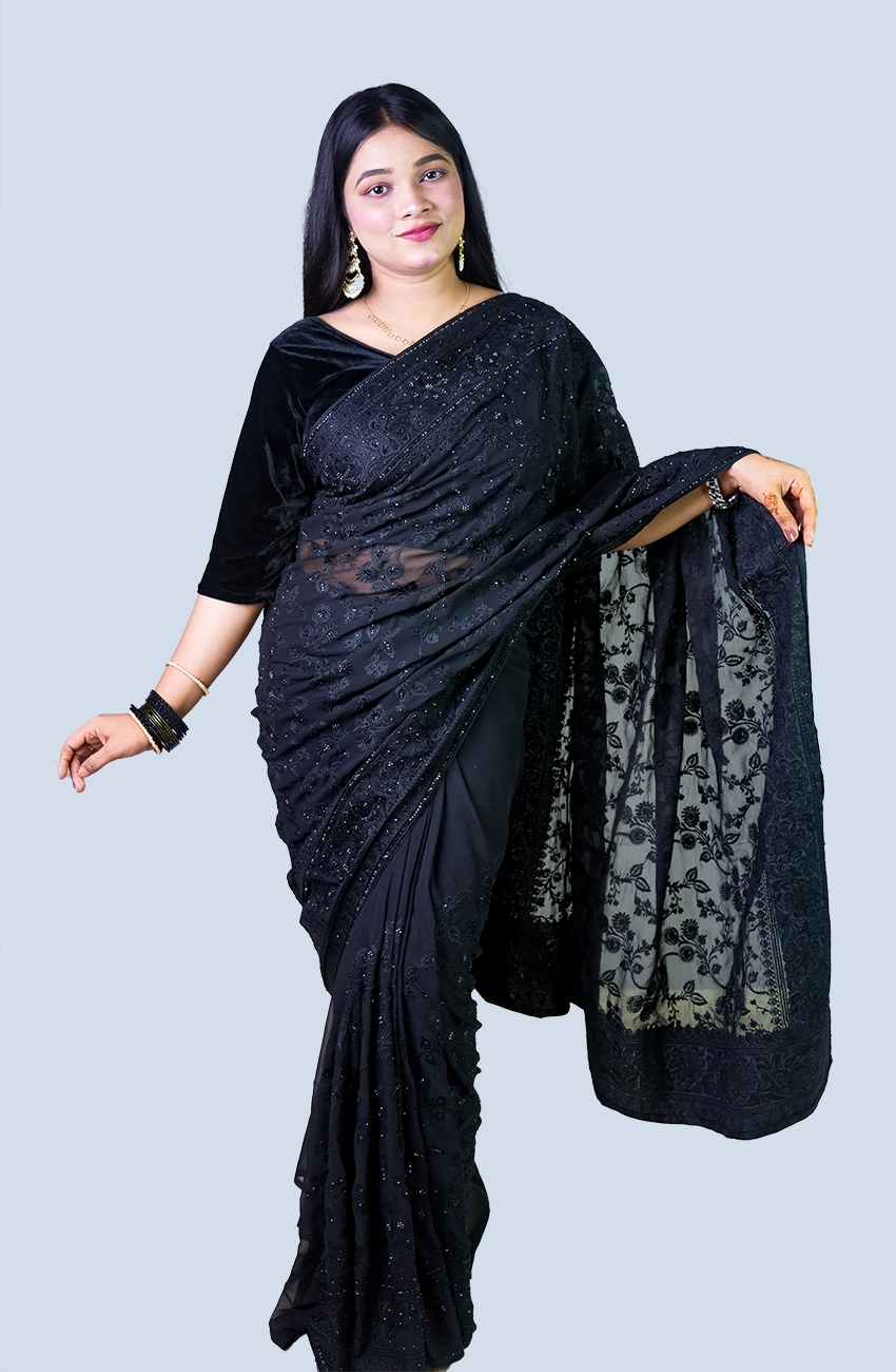 Black Soft Chiffon Georgette Saree with Elegant Stone & Embroidery Work